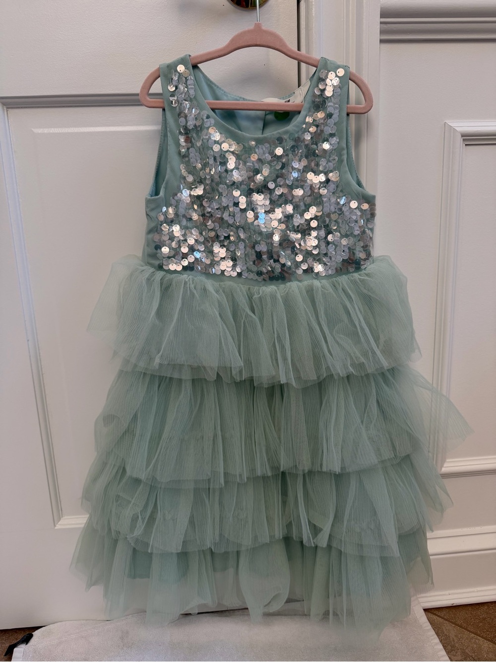 H&M Girls' Sequin Bodice Sage Green Layered Tulle Dress